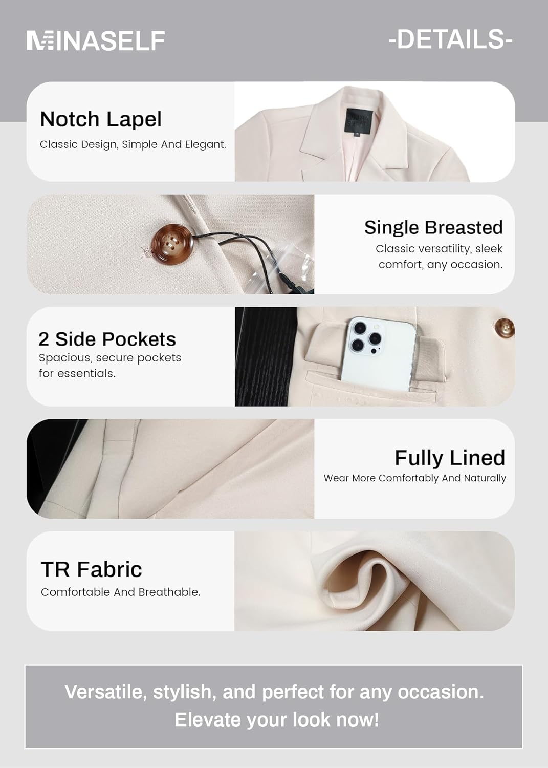 Mina Self 2026 Spring Women's Short Sleeve Blazer Jacket - Long Lightweight Fully-Lined One-Button Work Casual Fashion Pocket - Image 6