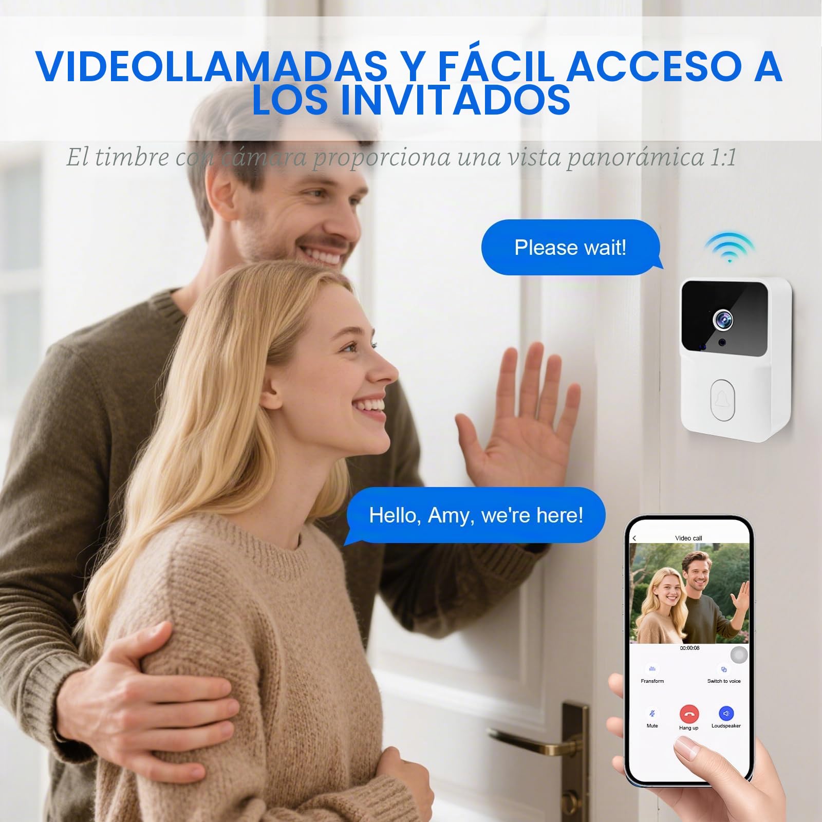Videotimbre, Timbre Inalámbrico con 2.4GHz WiFi, 1080p HD Vídeo Timbre Puerta Inteligente con Cámara, Visión Nocturna, Audio bidireccional, Instalación Fácil por Cuenta Propia (Blanco)