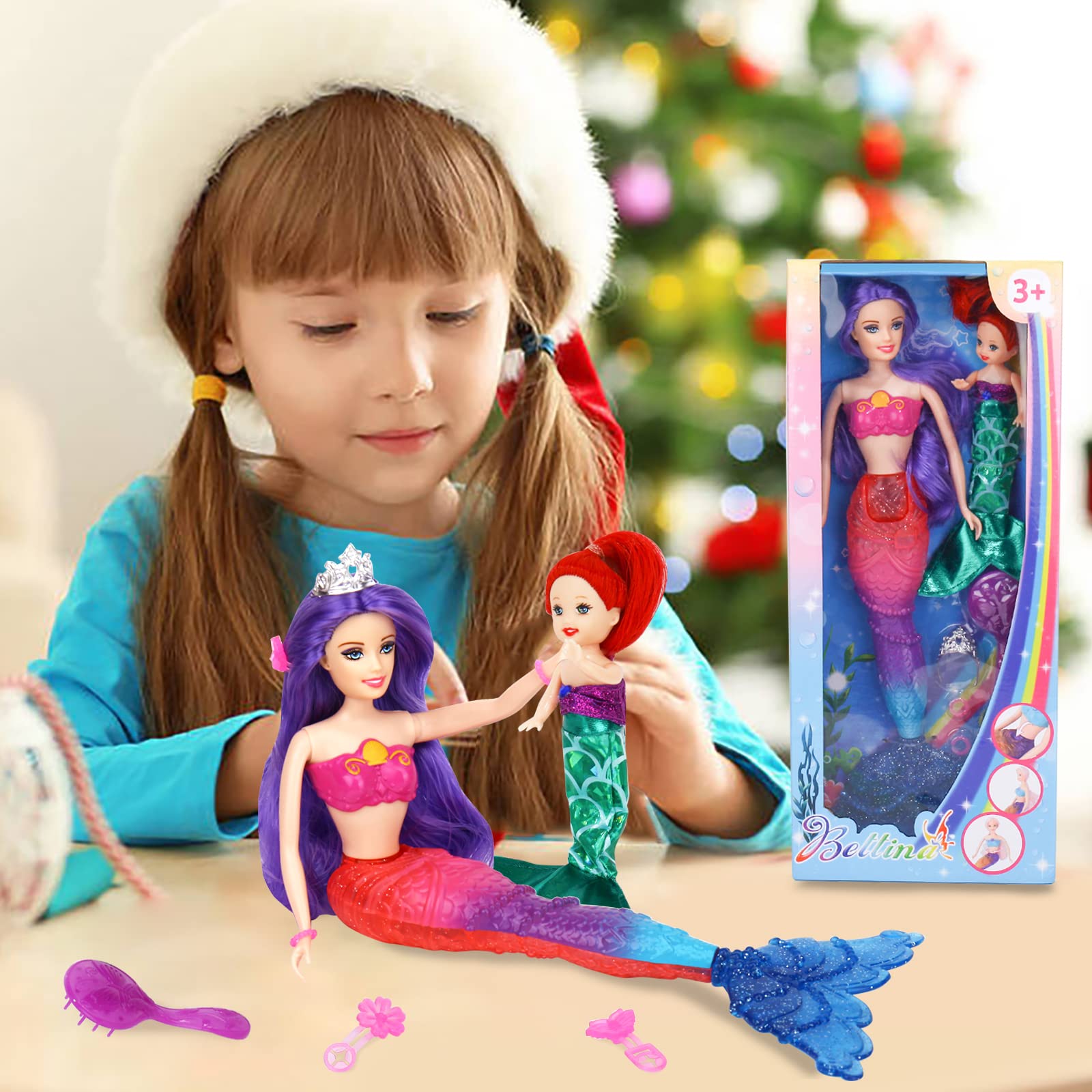 BETTINA Purple Hair Princess Mermaid Doll with Little Ariel Mermaid Doll & Accessories, Mermaids Bath Toys Gifts for 3 to 8 Years Old
