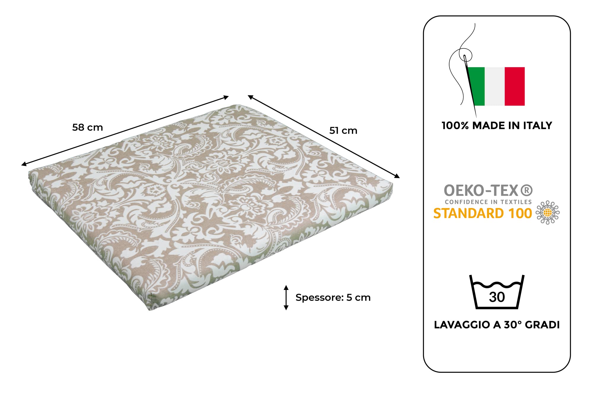 GHIOCUSCINI | Set di 4 Cuscini da Esterno per Salottino in Rattan, Fantasia DAMASCO, Tessuto Cotone/Poliestere, Sfoderabile, 58 x 51 cm, Alto 5 cm, Made in Italy