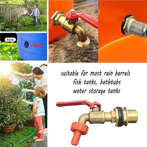 Miniatura 7 de Kit de espita de barril de lluvia, grifos de latón para exteriores, espita de agua, incluye filtro, montaje de mamparo y arandelas, para barril de
