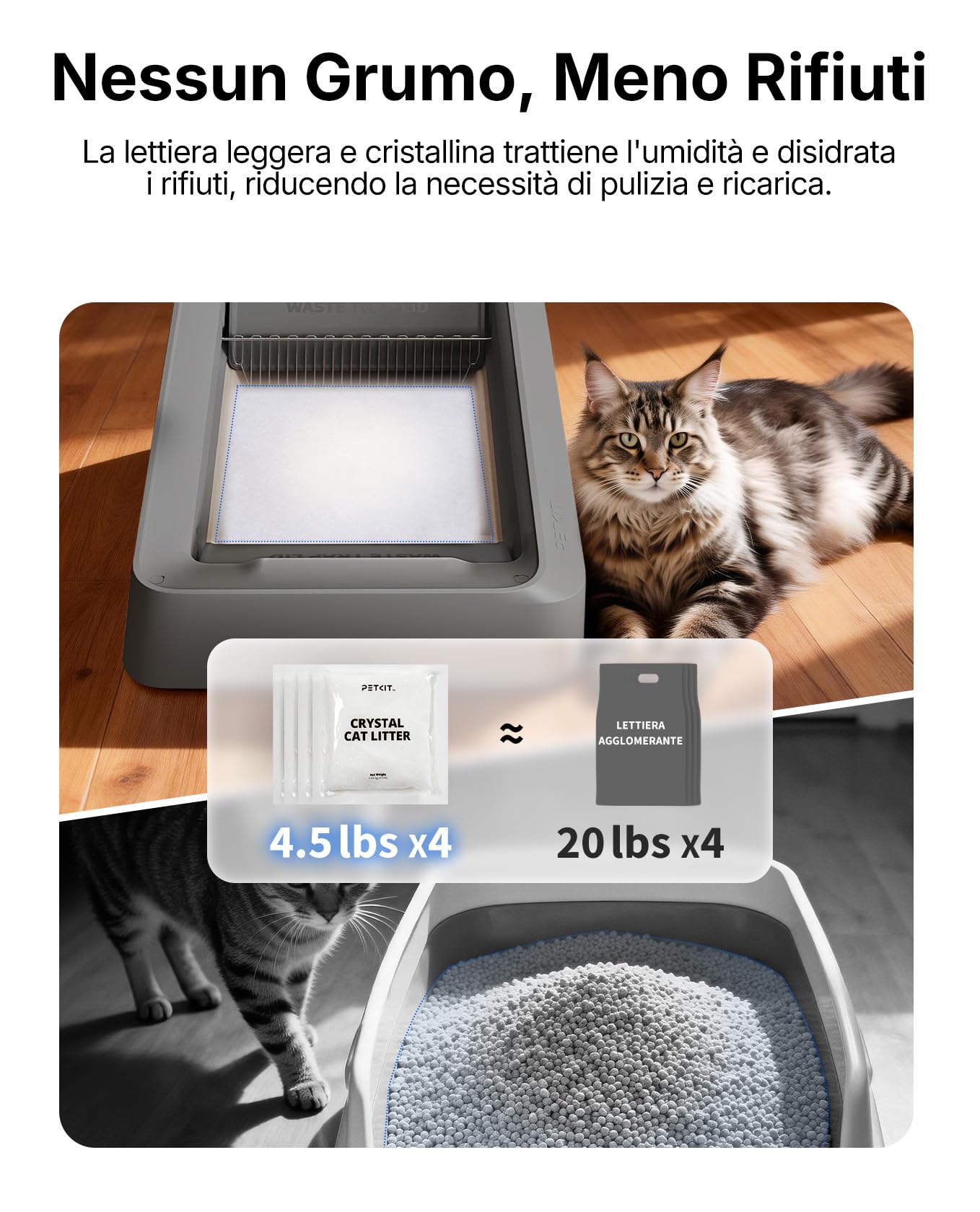 PETKIT Lettiera per Gatti Crystal, Lettiera per Gatti non Agglomerante, Compatibile con PUROBOT CRYSTAL DUO, Eliminazione Multi-odore, Antipolvere, Leggera e Pronta, Ricambio Diretto, 4 Sacchi