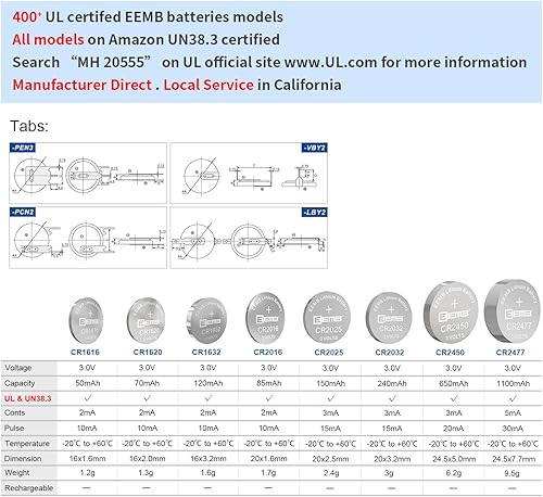Miniatura 7 de 20 baterías EEMB CR2032 de 3 V, baterías de litio de 2032, baterías de celda de moneda de 3 voltios, batería de botón Li-MnO con certificación UL,