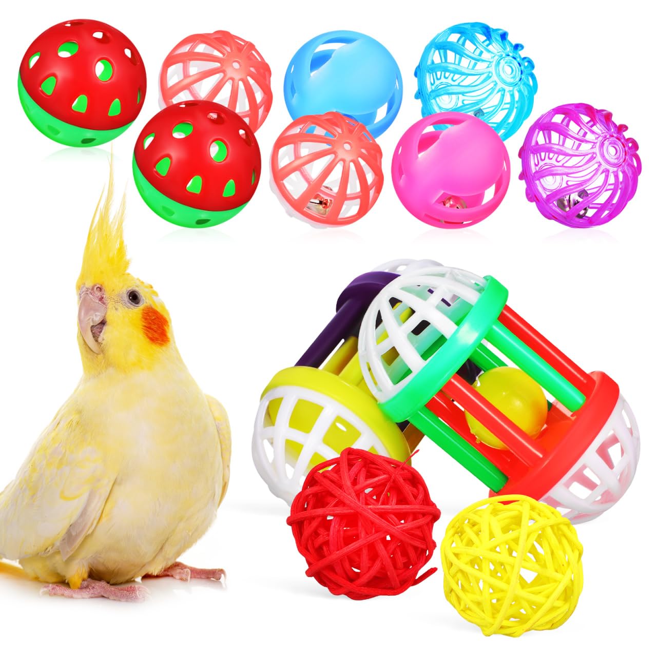 Amosfun Foraging Balls Bird Toys 12 Pack Audible Chewing Bell Balls for Parrots Parakeets Budgies Cockatiels Cage Play and Training
