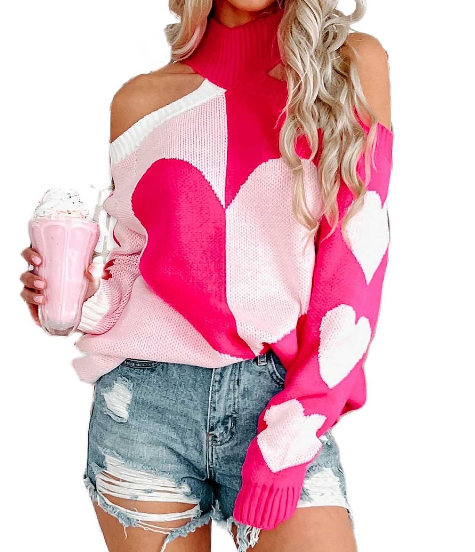 Faretumiya Women Heart Sweater Cold Shoulder Cute Mock Neck Oversized Sweaters Off Shoulder Valentines Knitted Sweatshirts