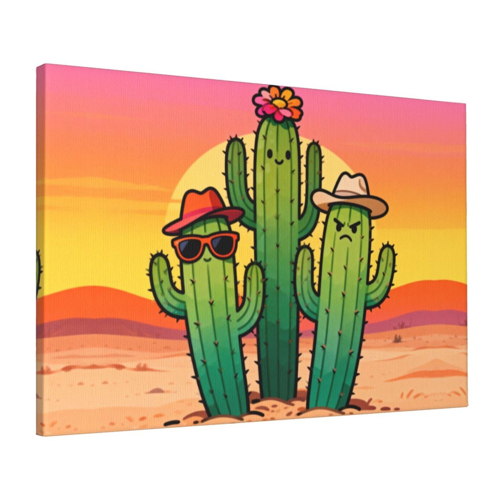 CNTDBU Cute cactus Canvas Wall Art 16x24 Inch-Large Modern Painting Print for Living Room, Framed Ready to Hang Artwork for Bedroom