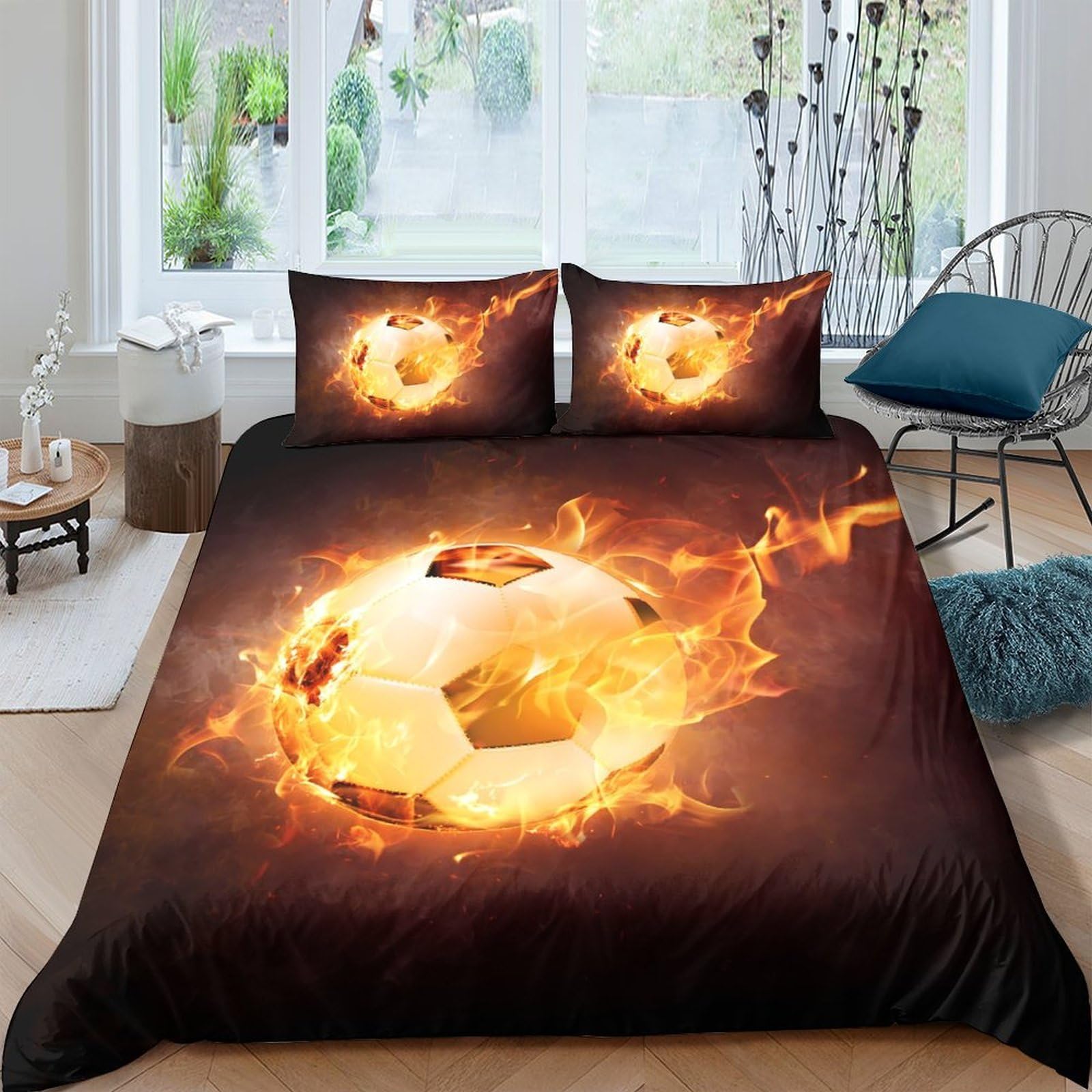 Ctjqhvkz Style-5 3D Printed Flaming Soccer Ball Fitted Sheet Microfiber Soft Mattress Cover For Bedroom Guest Room Decor Protection Single（135X200cm）