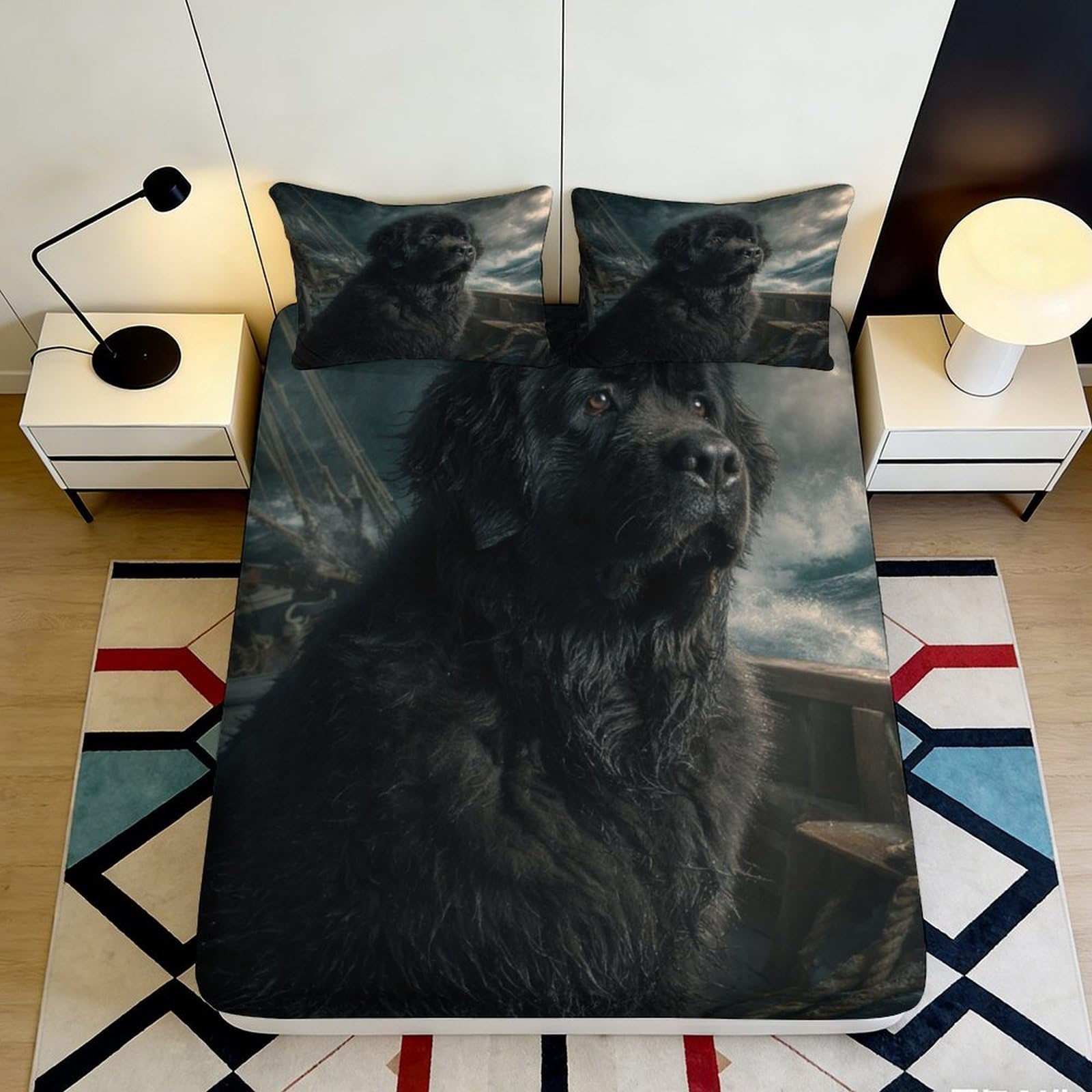 3D Printed Black Newfoundland Dog Fitted Sheet Microfiber Soft Breathable Stormy Sea Bed Cover for Bedroom Dorm Mattress Protection Decor 120x200x25cm