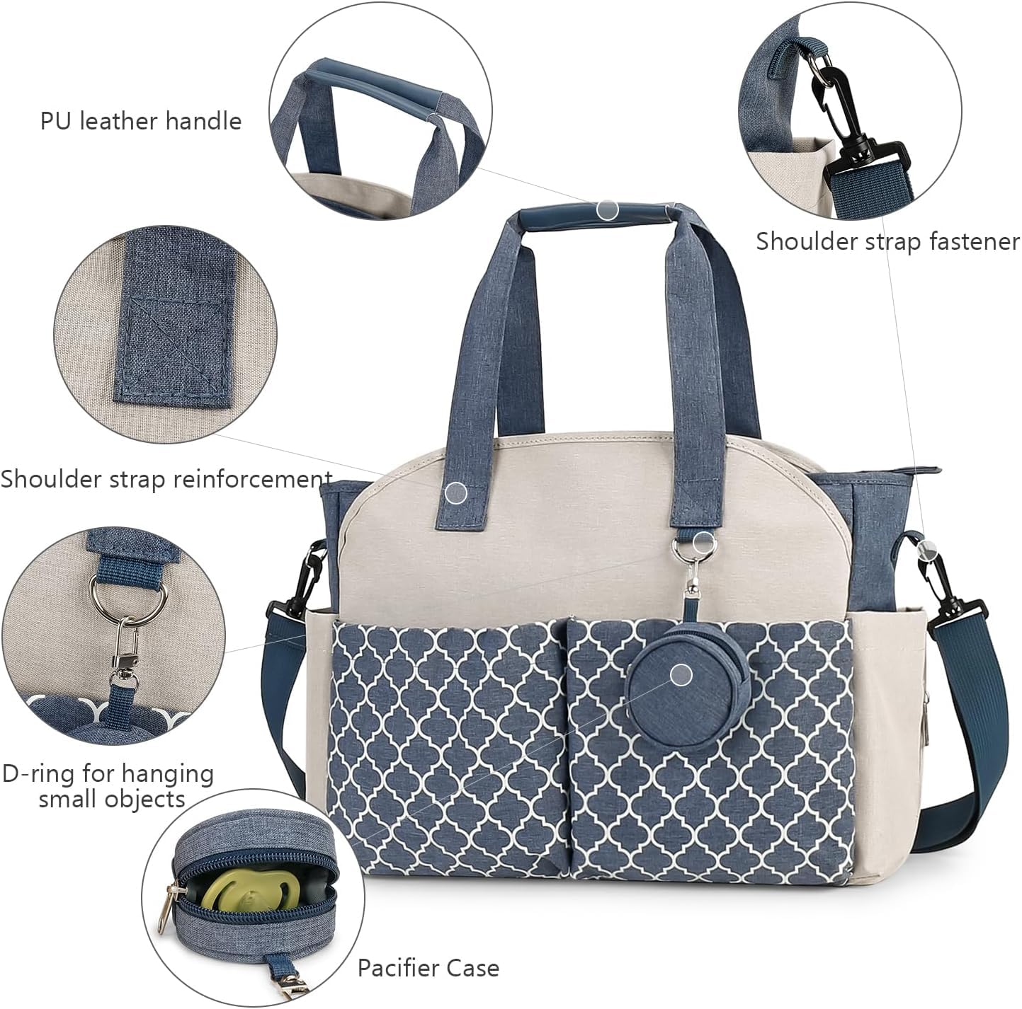1 sac à langer fourre-tout avec station à langer, sac multifonction pour bébé avec bandoulière réglable (bleu foncé + beige)