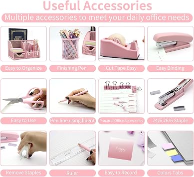 12 in 1 Desk Organizer and Accessories Set Pink Office Supplies Includes Stapler Pen Holder Tape Holder Staples Scissors Ruler Staple Remover for Home and School