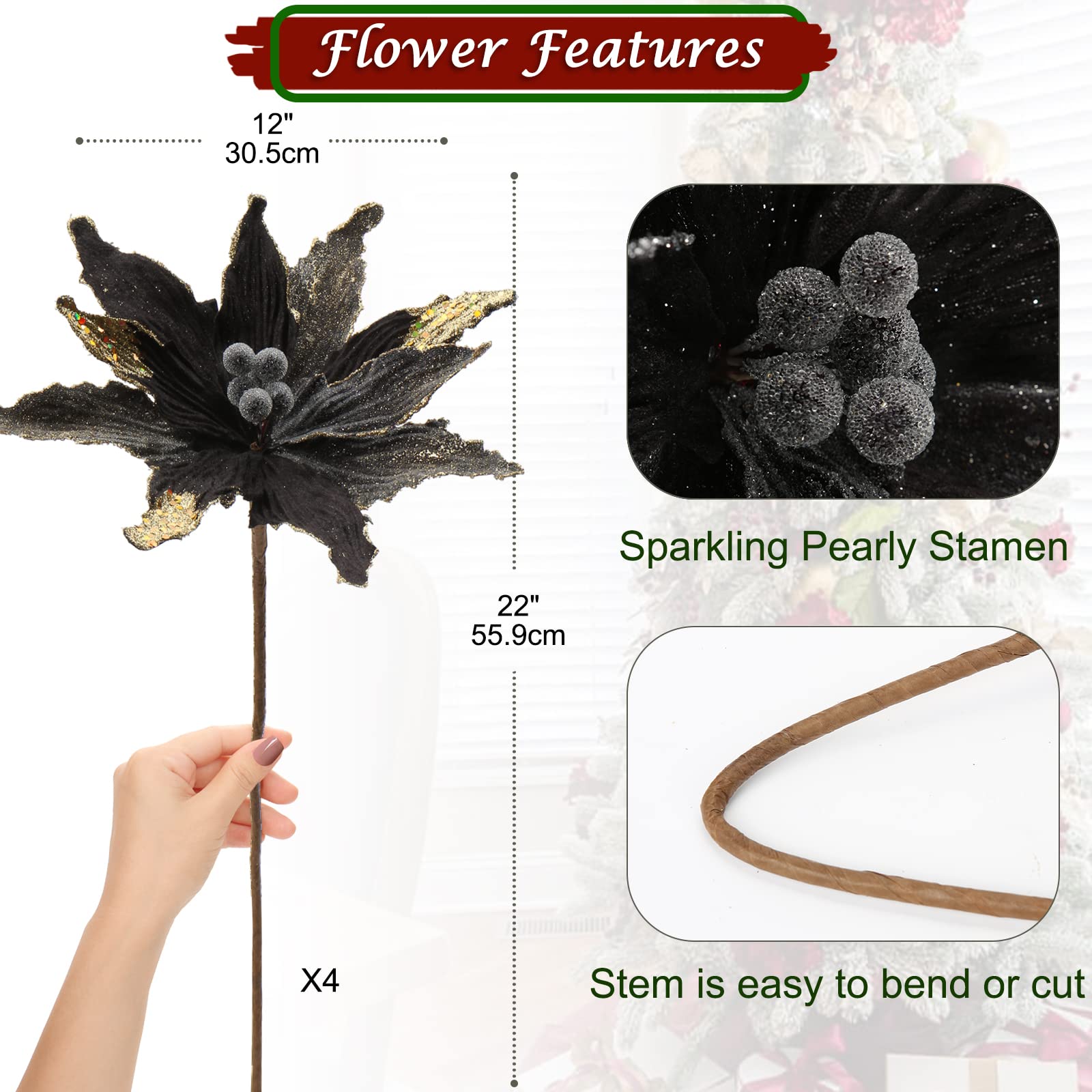 Briful 4 PCS 12" Glitter Poinsettia Black Artificial Flowers Stem for Christmas Tree Decorations Fake Poinsettia Flowers Large Artificial Christmas Flowers Arrangements for Xmas Decorations - Image 3