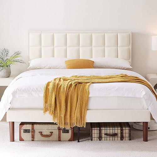Flolinda Marco de cama tamaño matrimonial tapizado de terciopelo con cabecero más cómodo y plataforma de cama, base de colchón matrimonial, no