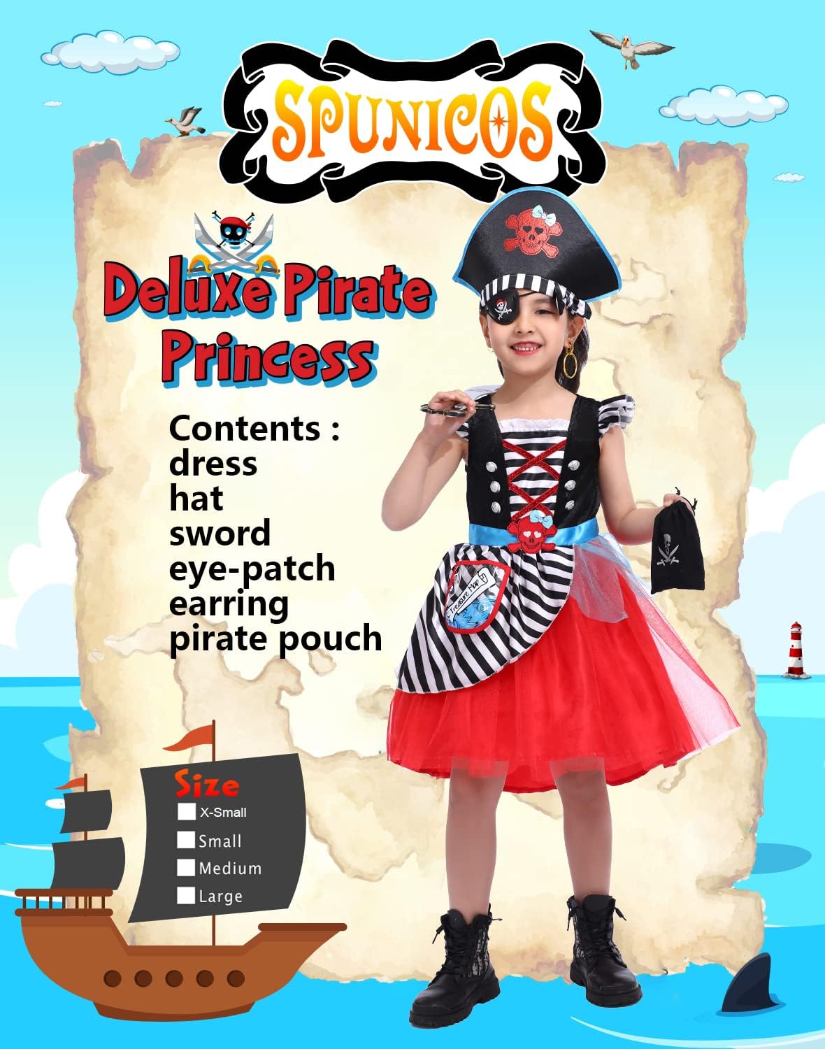 Girl's Pirate Costume Dress，Buccaneer Princess Dress With Sword,Eye-Patch,Coins,Jewels,Earring 5-6years - Image 2
