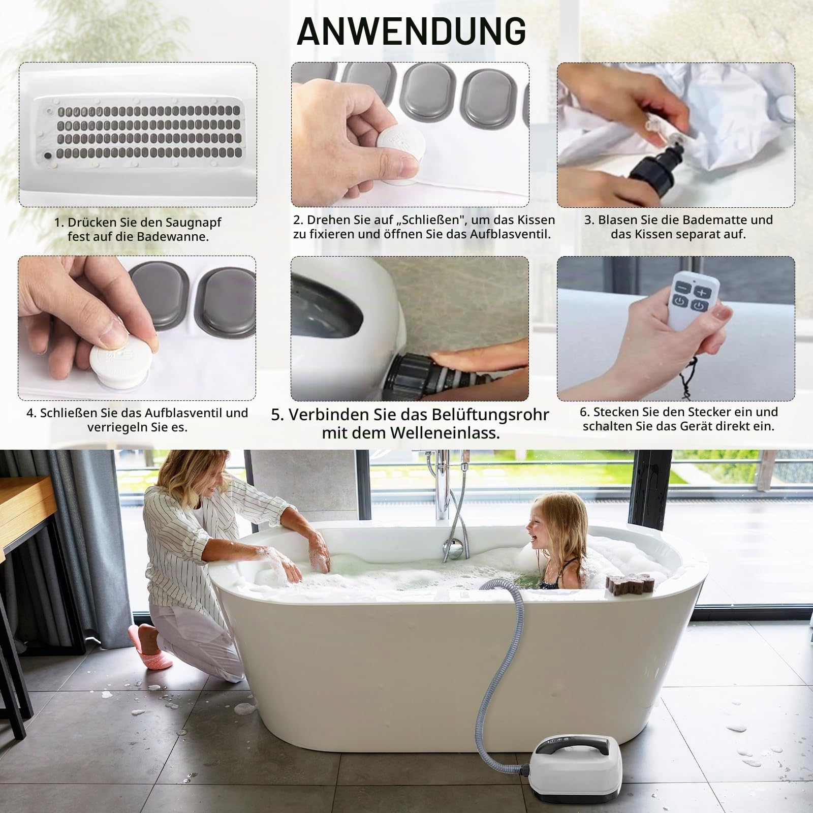 Sprudelmatte Badewanne, Whirlpool Matte für Badewanne Luftsprudelbad 6 Intensitätsstufen Badewannenmatte mit 114 Düsen und Kissen Spa Badewannenzubehör für Spa Baden