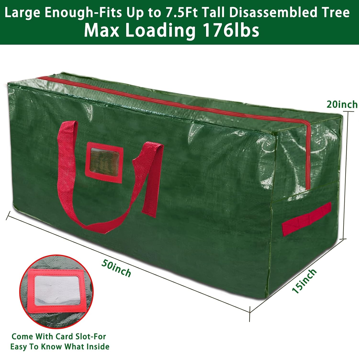 TURNMEON 2 Pack Christmas Tree Storage Bag For 7.5 Ft Disassembled Artificial Xmas Tree 50"x15"x20" Card Slot Handles Dual Zippers Waterproof Large Holiday Christmas Storage Container Tote Box (Green)