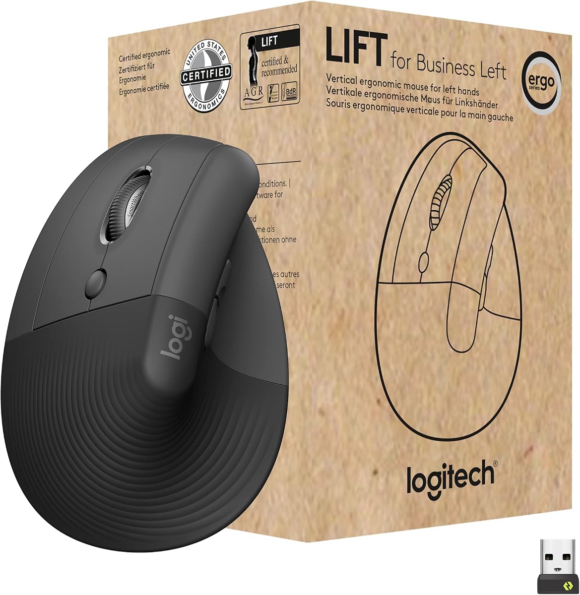 Logitech Lift for Business Vertical Ergonomic Mouse Left Handed - Graphite | Bluetooth or Logi Bolt USB, quiet clicks, globally certified, Windows, Mac, Chrome, Linux compatible