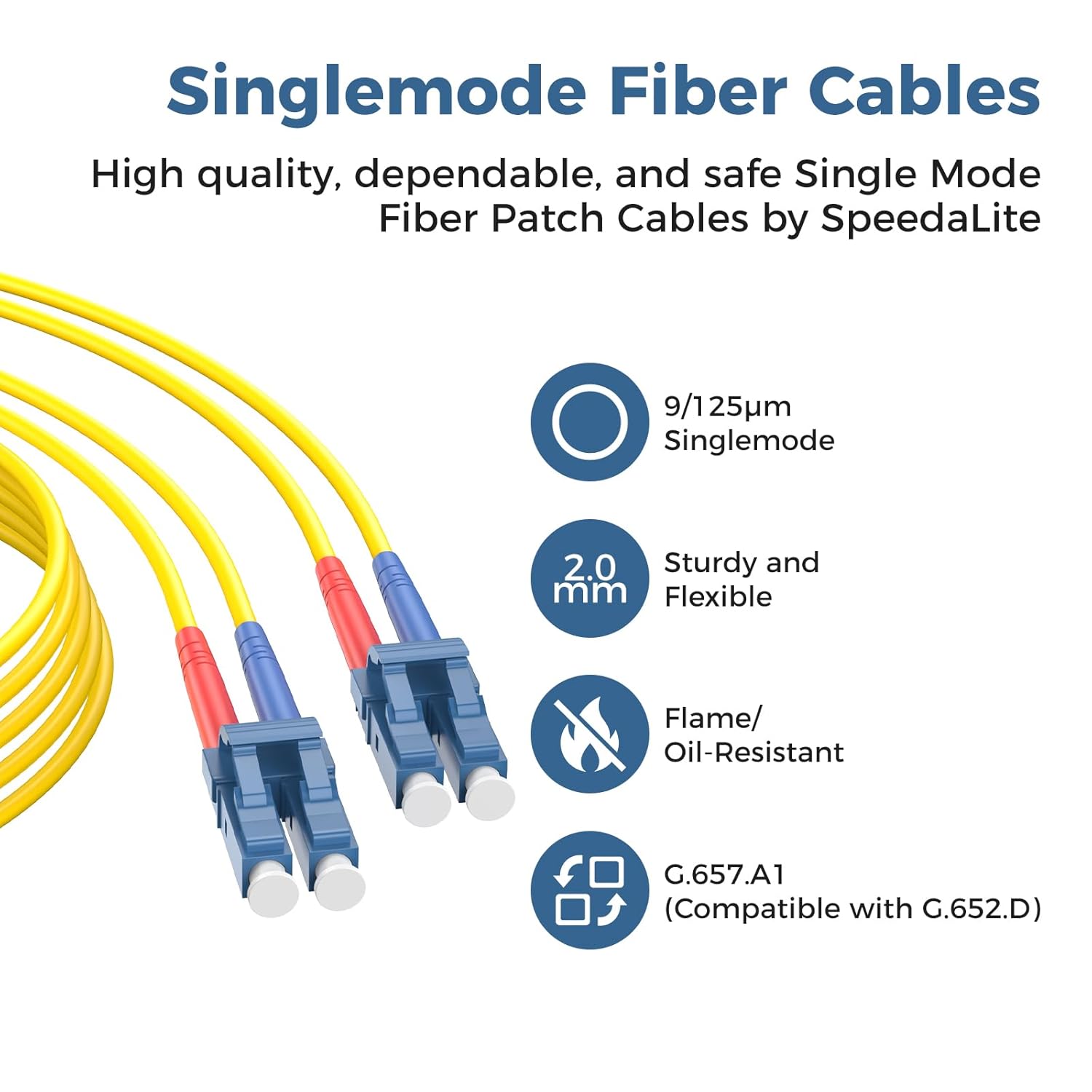 LC to LC Fiber Optic Patch Cable 164FT (50M), OS2 9/125µm Single Mode Duplex Fiber Patch Cord, LC/UPC to LC/UPC, 2.0mm LSZH Jacket, Bend Insensitive, Yellow.