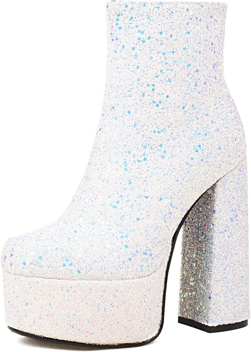 Gicoiz Women Chunky High Heel Sequins Round Toe Ankle Boots Shiny