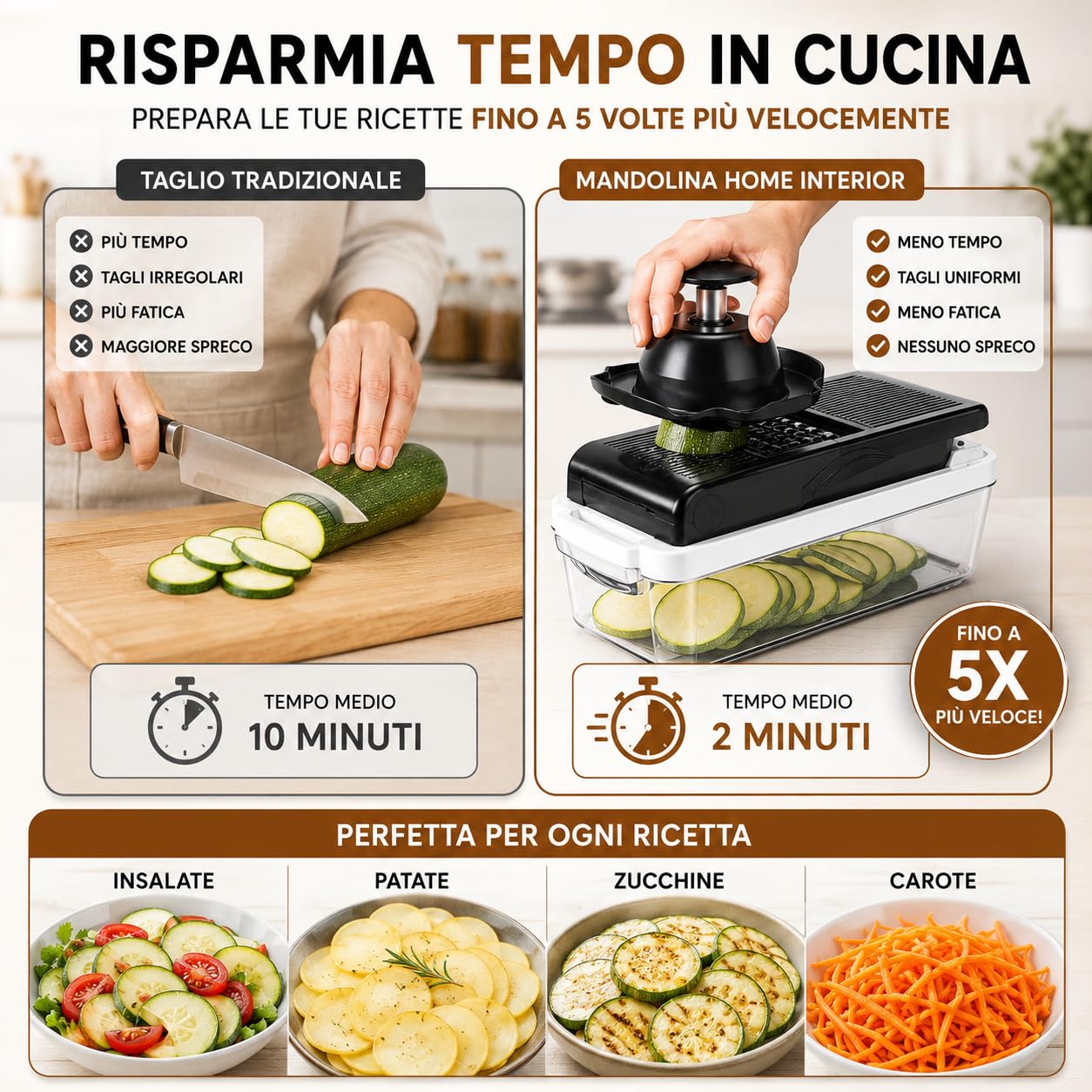 Mandolina per Verdure con 12 Accessori | Lame Intercambiabili in Acciaio Inox | Contenitore Trasparente | Tritatutto Multifunzionale per Verdure