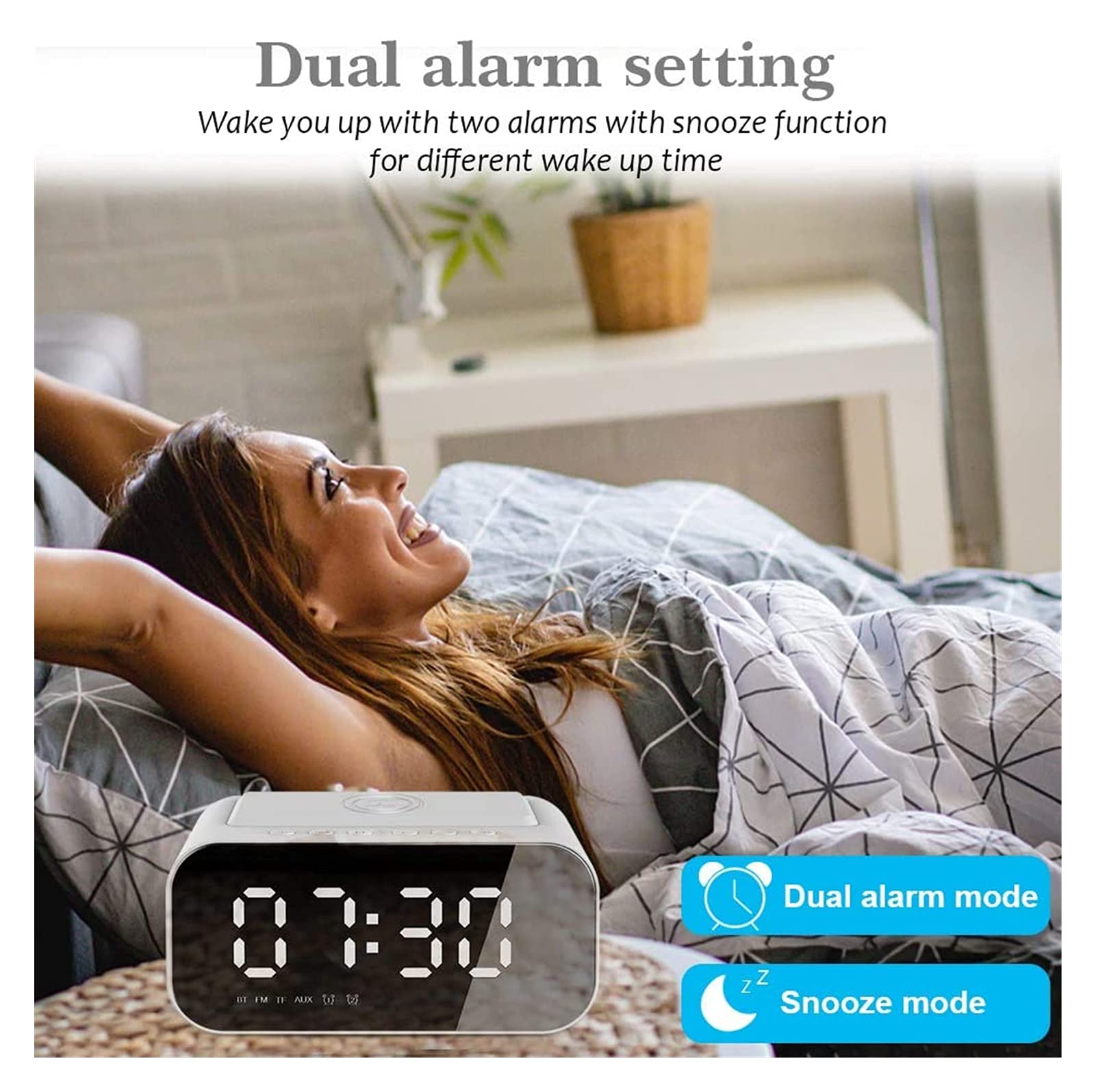 Reloj de Alarma Digital, GEYUEYA Inicio Relojes Digitales Radio Altavoz con USB Puerto y Carga inalámbrica, Alarma Dual, 3 Brillo Regulable, TF- Jugador de Cartas, Grande DIRIGIÓ Pantalla para