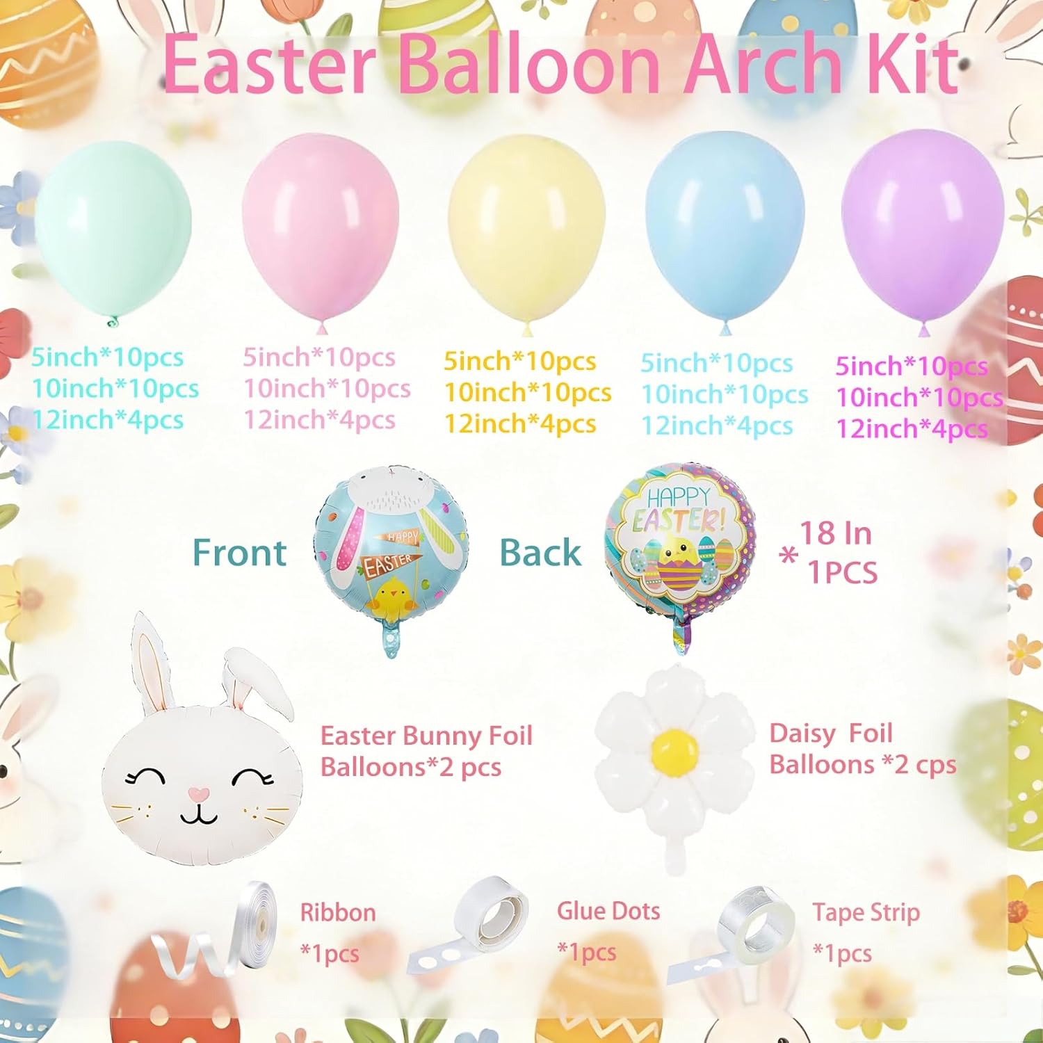Easter Balloon Arch Garland Kit - Pastel Colorful Latex Balloons Different Sizes 12 10 5In with Bunny and Daisy Foil Balloons for Easter Birthday Baby Shower Spring Party Decor