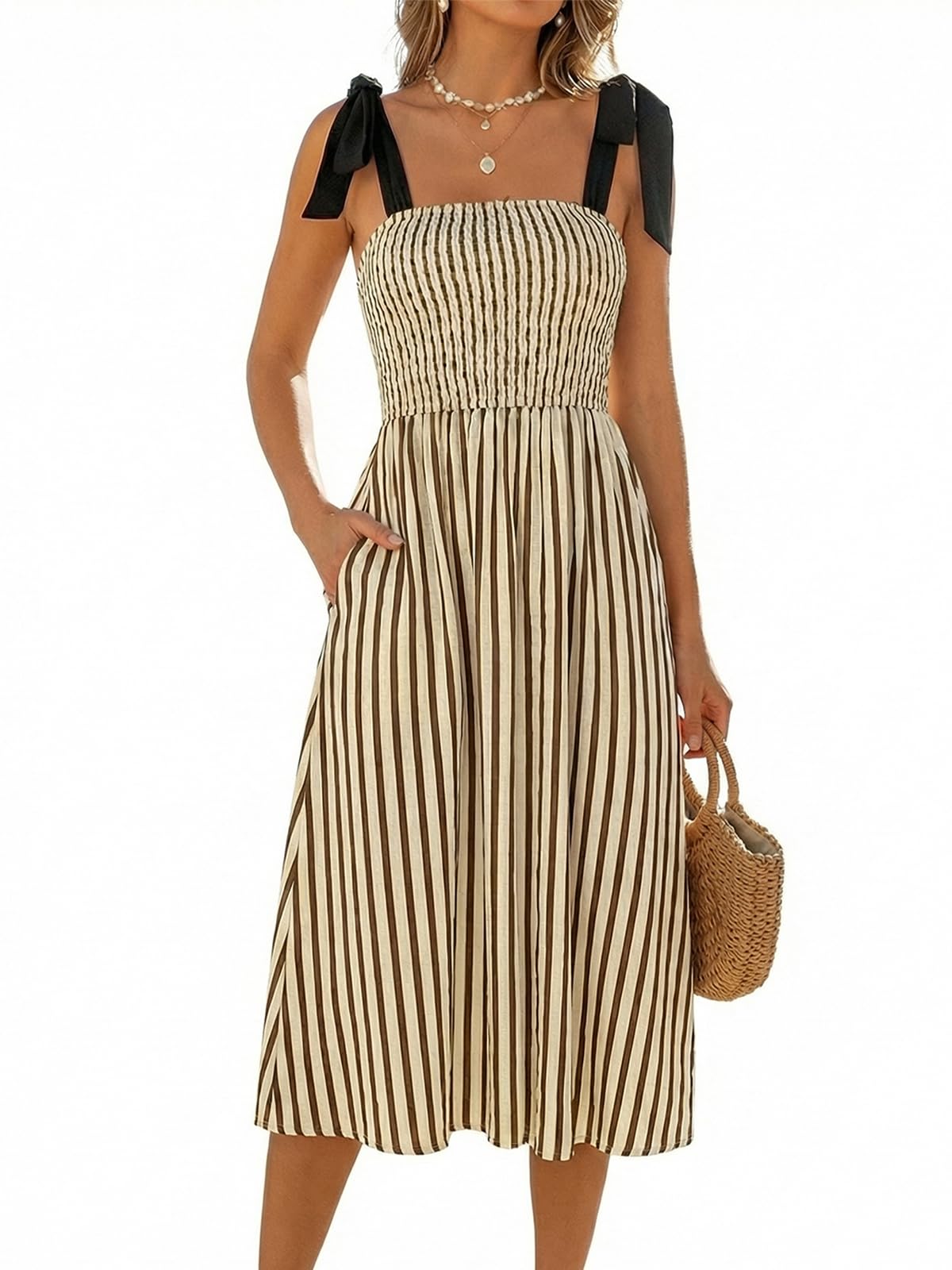 CUPSHE Robe d'été mi-longue à smocks pour femme - Sans manches - Rayures - Épaules nouées - Robe caraco longue et fluide
