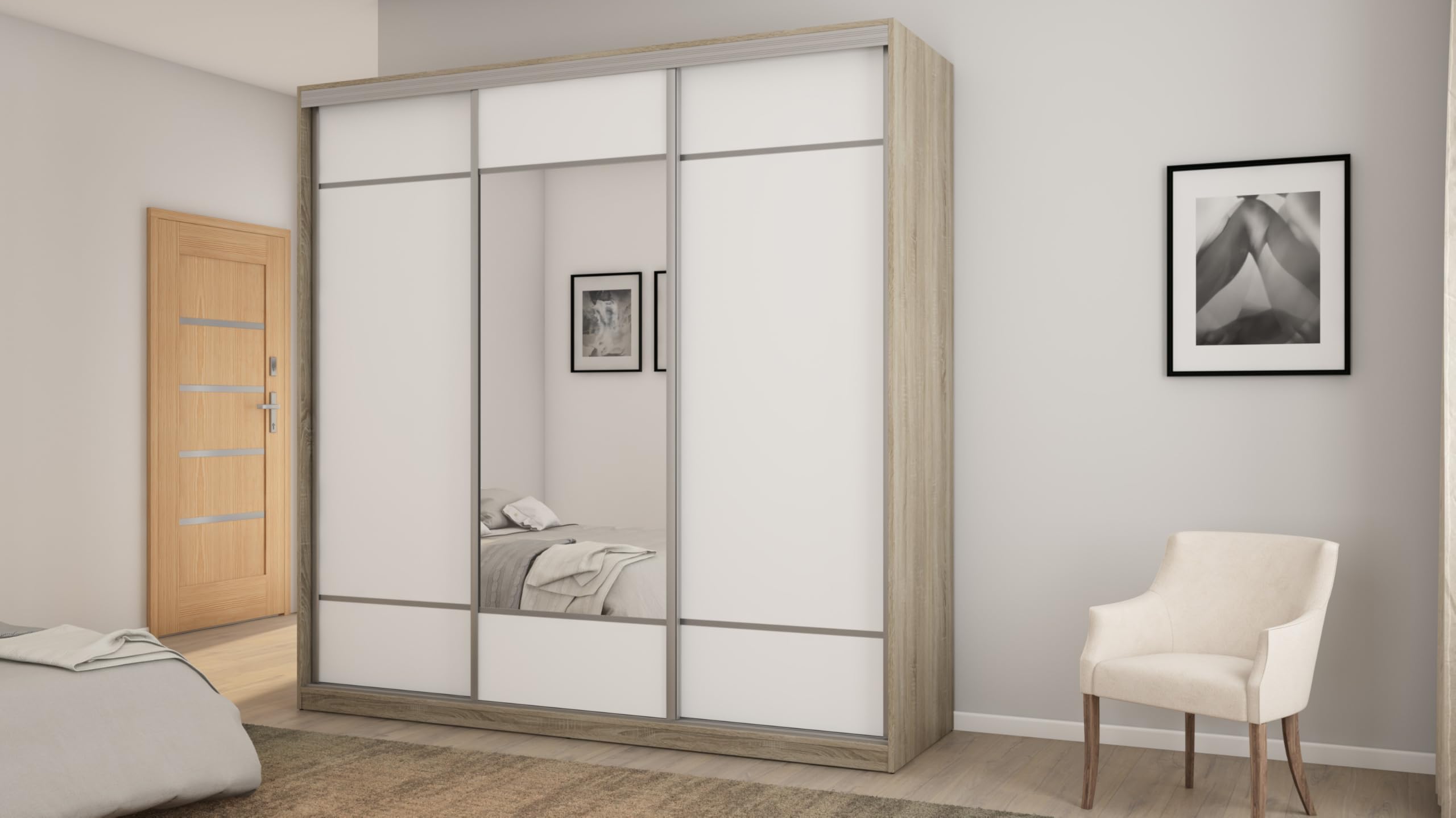 eMeblast trzydrzwiowa szafa na ubrania – 220 x 220 x 64 cm – drzwi przesuwne – sypialnia – salon – szafa garderobiana – drążki na ubrania – szuflady – półki wkładane Silver Sonoma jasna/biała z