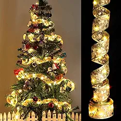 HINOOR Fita de árvore de Natal de 9,8 m com 100 luzes LED, fita dourada com fio para árvore de Natal com bateria e alimentada por USB, 8 modos de iluminação, decorações de árvore de Natal, luzes de