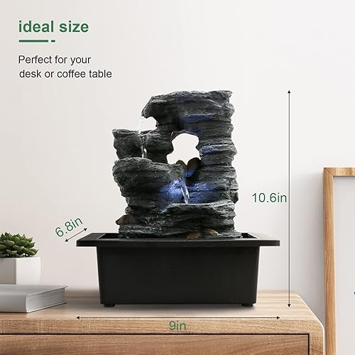 Miniatura 10 de POWLAB Fuente de agua de mesa, fuente de meditación de resina ambiental, fuente de escritorio, función de cascada interior de 3 niveles con bola de