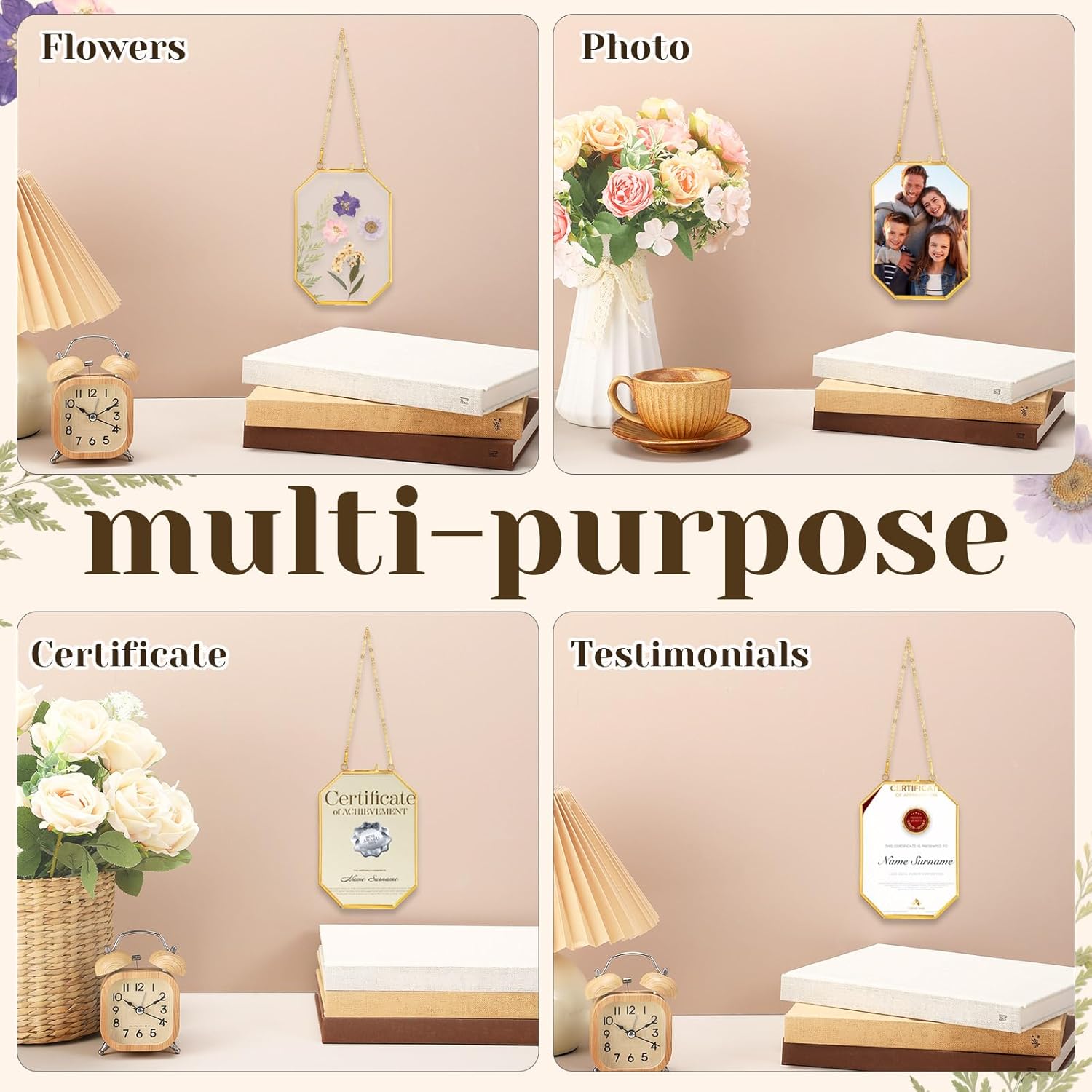 Treela 3 Pcs 5 x 7 Inch Hanging Gold Glass Floating Frame Octagon Brass Double Clear Pressed Flower Frames for Herbarium Plant Specimen Artwork Display Photo Dried Flowers Home DIY Decor