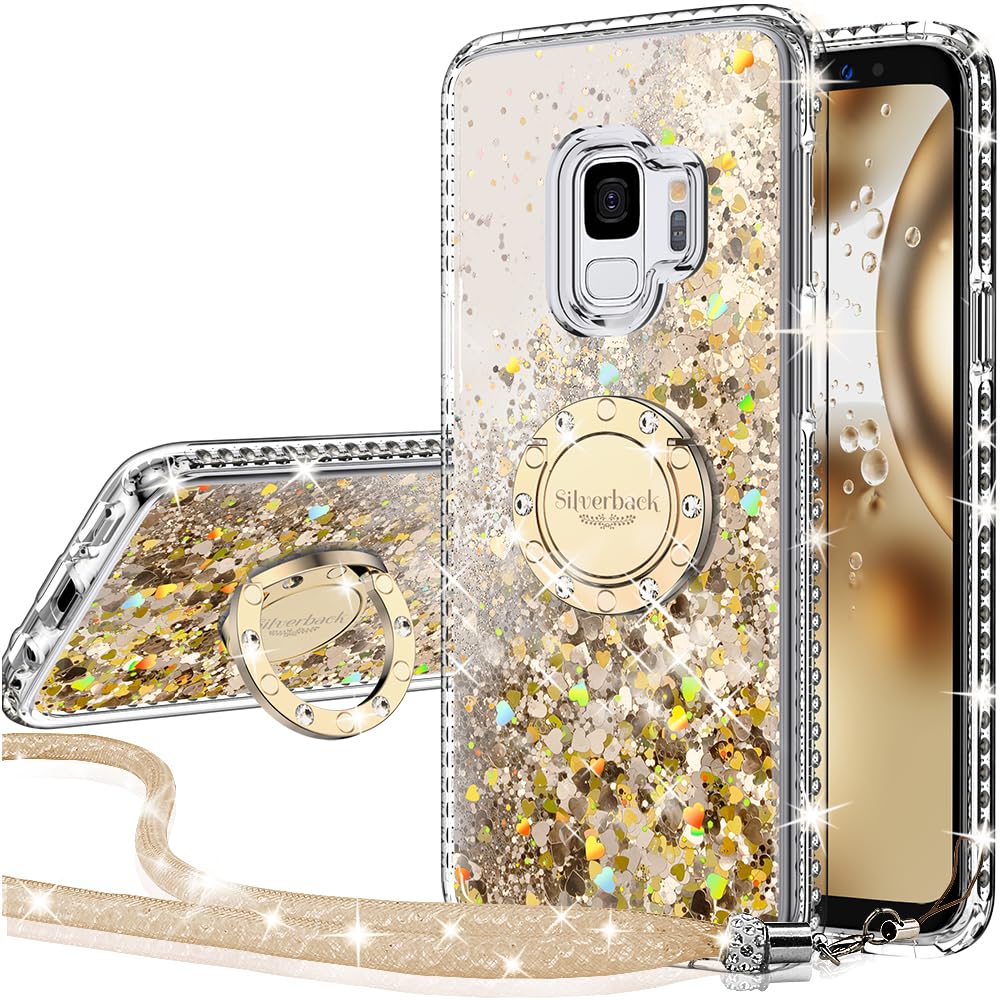 Silverback Galaxy S9 Case, Moving Liquid Holographic Sparkle Glitter Case with Kickstand, Bling Diamond Rhinestone Bumper W/Ring Slim Protective Samsung Galaxy S9 Case for Girls Women - Clear Gold