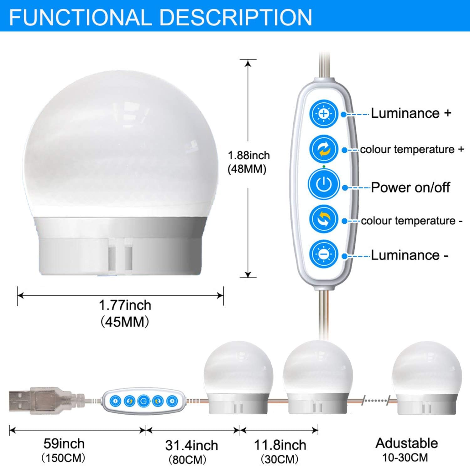 selfila Upgraded Hollywood Style Vanity Mirror Lights Kit, 10 Dimmable LED Bulbs with 5 Color Modes for Makeup Vanity Table & Bathroom Mirror, (Mirror & USB Charger Not Include)