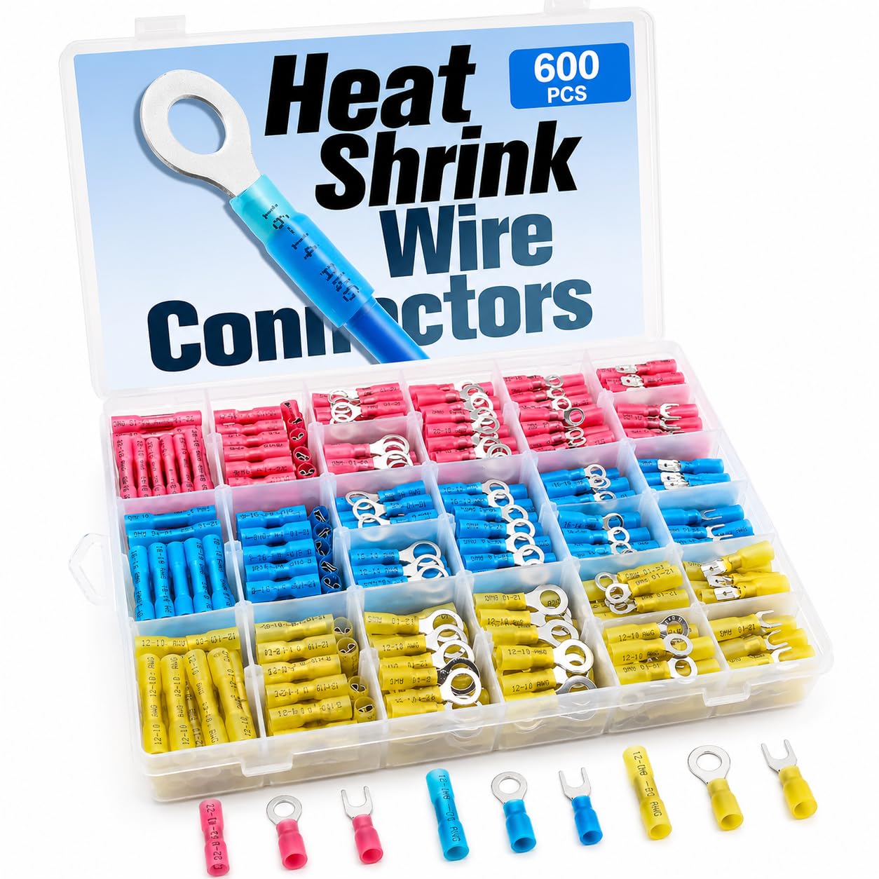 600 Pezzi Connettori Termorestringenti, Assortimento Terminali a Crimpaggio, Capicorda Isolati e Giunzioni per Cavi, Kit di Fissaggio Meccanico per Fai-da-te, Nautica e Automotive