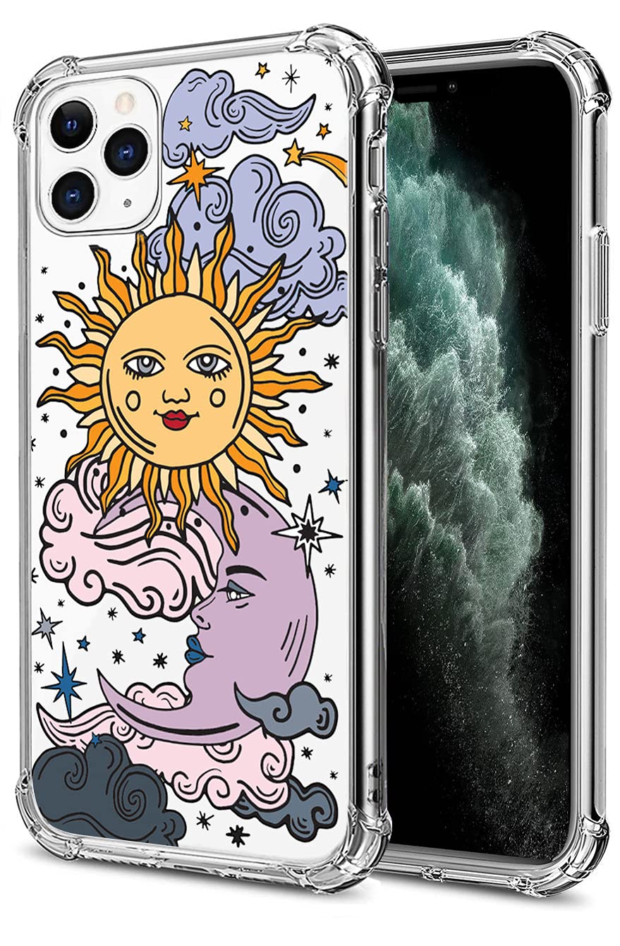 HEYORUNHEYORUN Sun Moon Design Clear Case Fit for iPhone 11 Pro Max 6.5 Inches, Star Cloud Girls and Women Back Case Cover, Cute Cartoons Transparent Soft TPU Bumper Shockproof Protective Phone Case
