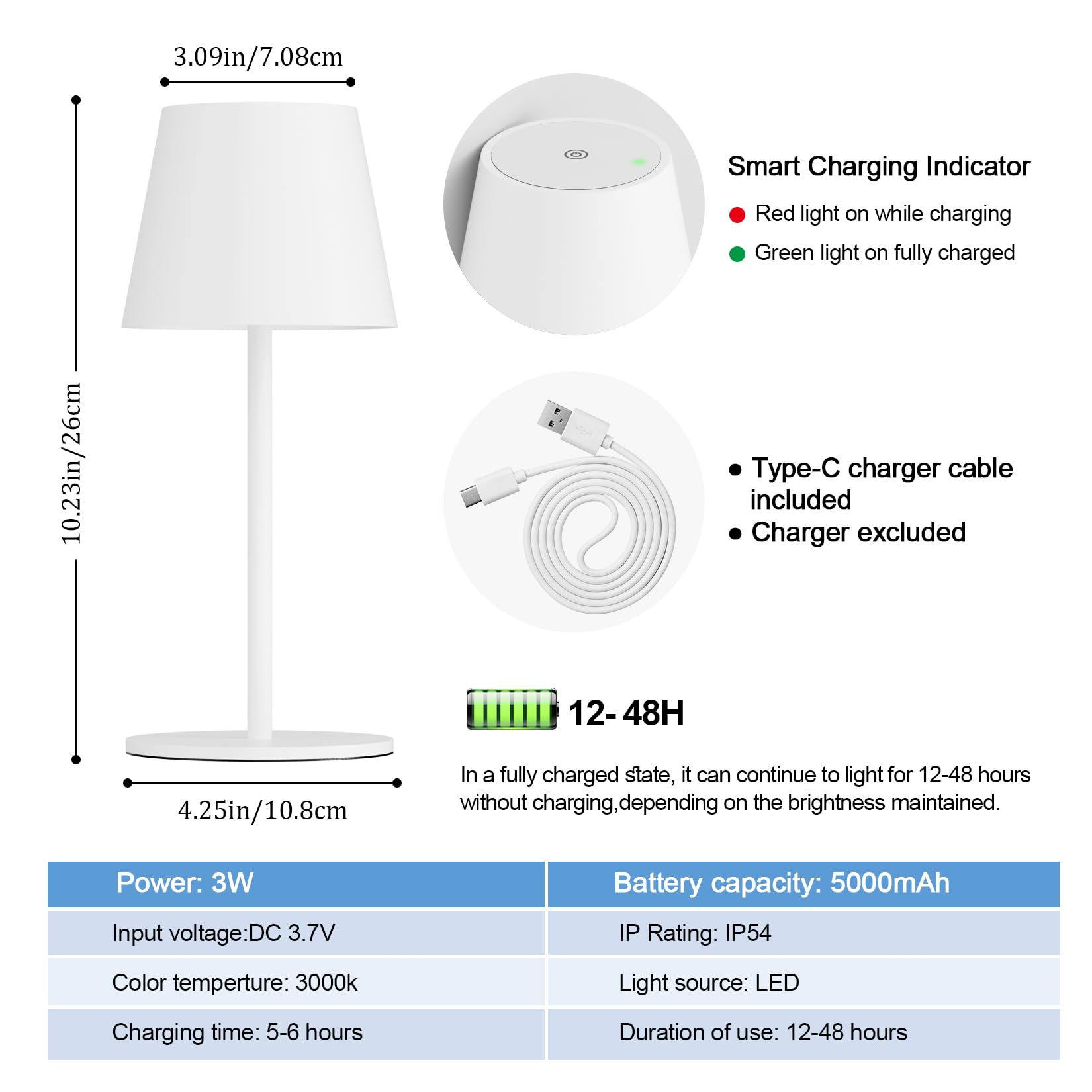2 pezzi lampade da tavolo LED a batteria dimmerabile, 26cm, lampada da campeggio 5000mAh, batteria ricaricabile, 3W 3000K, lampada da tavolo da esterno IP54 per camera da letto (Bianco)