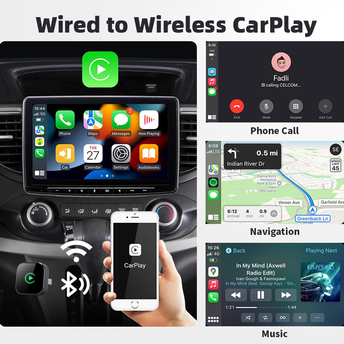 Adaptateur Sans Fil CarPlay pour iPhone et Android Auto - 2 in 1 USB vers Wireless Dongle, Conversion Câblé vers Sans Fil, Connexion Auto 5.8GHz WiFi, Compatible Voitures dès 2016, iOS 10+ Android 11+