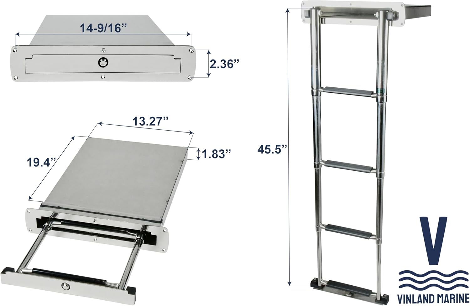 Vinland Marine 316 Stainless Steel Undermount Box 3 & 4-Step Ladder, Boat Ladder Slide for Pontoon Boat, Concealed Box Ladder, Pontoon Boat Ladder, Under Platform Boat Ladder