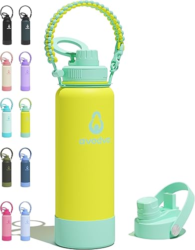 Miniatura 43 de Botella de agua aislada avodvo de 12 onzas con 2 tapas (tapa con popote y boquilla de 2 en 1, tapa magnética), botella de agua para niños con Azul