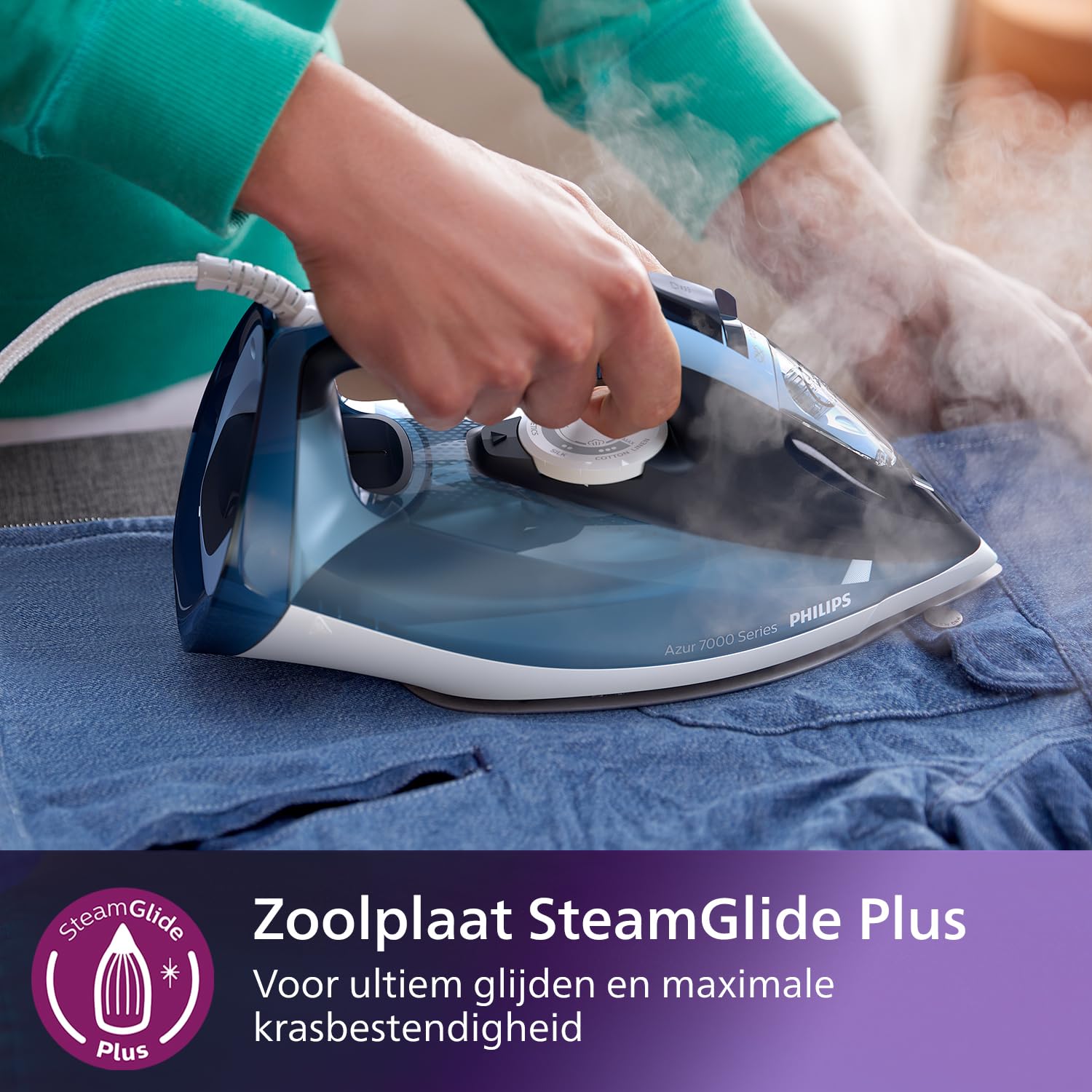 Philips Azur Series 7000 Ferro da Stiro a Vapore - 2800 W, Vapore Continuo 50g/min, Colpo Vapore da 250 g, Vapore Verticale, Piastra SteamGlide Plus, Blu/Azzurro (DST7020/20)