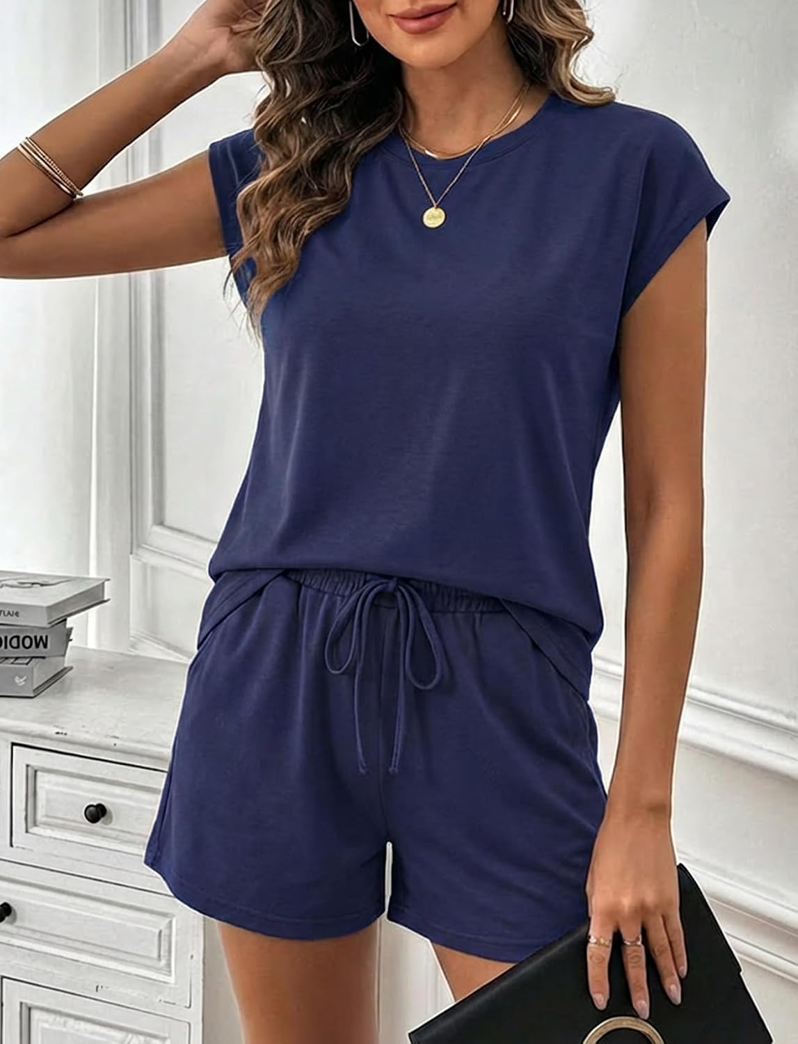 Womens Short Sets Crew Neck Cap Sleeve Lounge Set Casual Summer Two Piece Outfit Loose Drawstring Shorts with Pockets