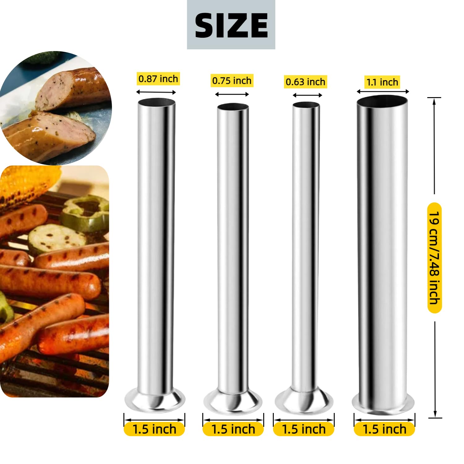 4 Sizes Stainless Steel Sausage Stuffing Tubes,Replacement for LEM 606,606SS,1606,1606SS Sausage Stuffers, Sausage Stuffer Funnels for LEM Sausage stuffersau