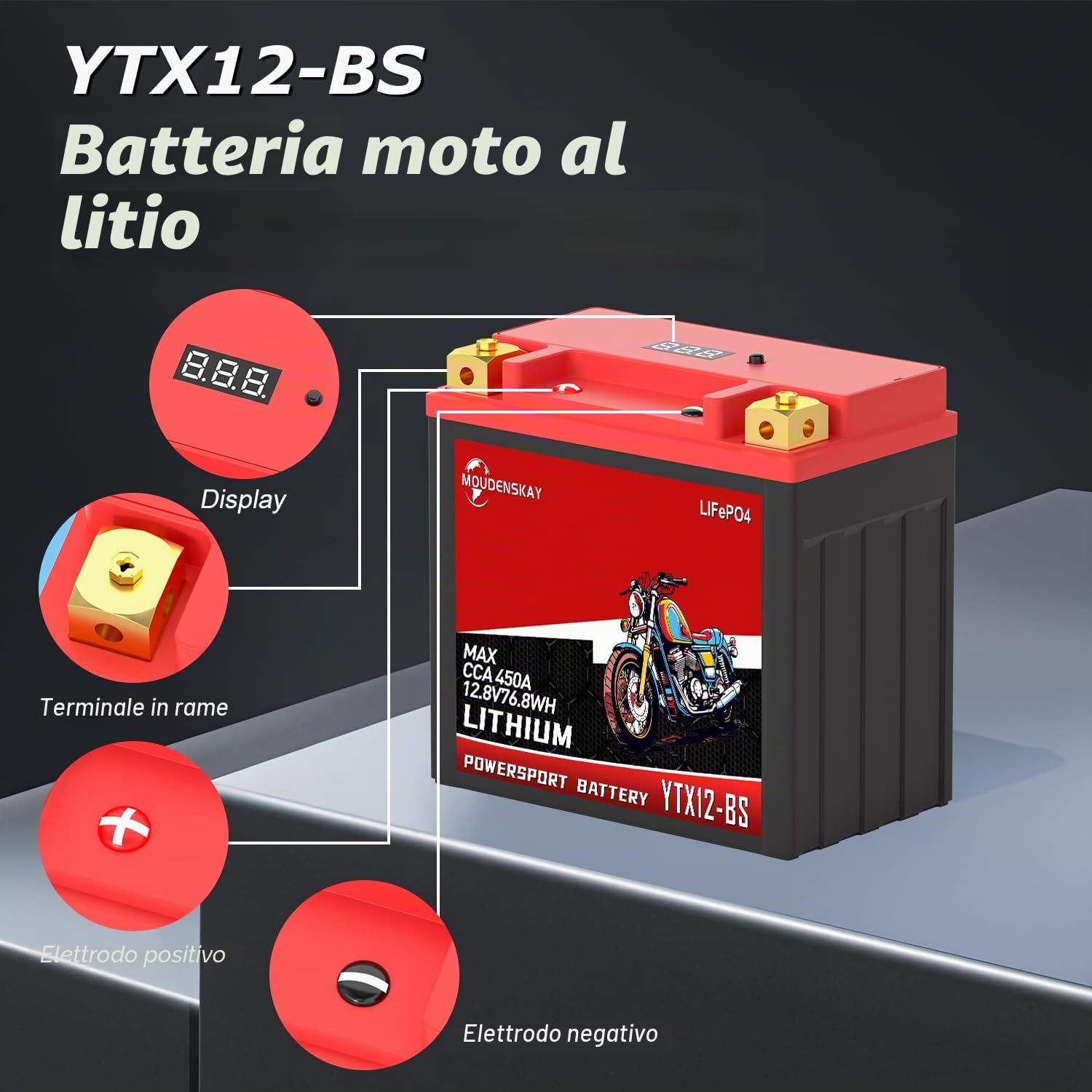 YTX12-BS Batteria Litio Moto 12V Batteria LiFePO4 Moto 12.8V 6AH | Protezione BMS e Schermo 380-450CCA 76.8WH Batteria Moto LiFePO4 per moto,ATV,UTV,veicoli d'acqua, ecc