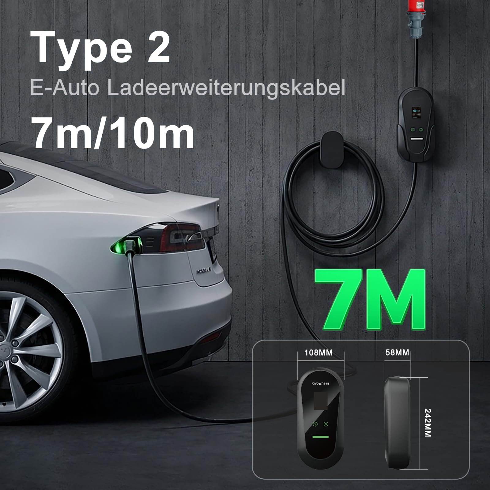 EV-Ladegerät, 3-poliger Stecker, 7 m (23 ft) Typ-2-Ladekabel, Wallbox 11 kW, [6/8/10/12/16 A] Ladekabel für Elektroautos, IP66, erweiterter Schutz, geeignet für Elektro- und Plug-in-Hybridfahrzeuge
