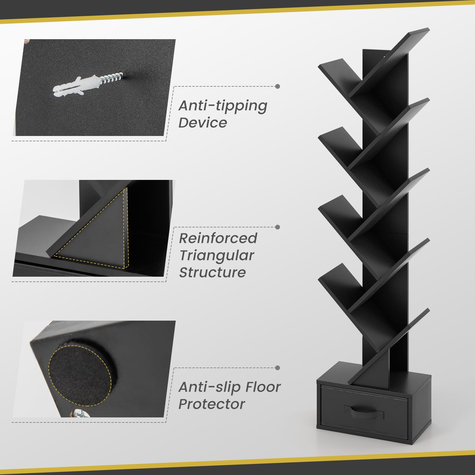 GIANTEX Libreria ad Albero, a 8 Ripiani, Scaffale per Libri con Cassetto Rimovibile, Design di Antiribaltamento, Organizzazione per CD, Riviste, Libri, 38x20x149,5 cm, 4 Colori (Nero)