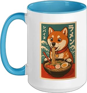 Dog Shiba Inu Eats Ramen Noodles Japanese Vintage Ceramic Mug, Blue/White, 15oz