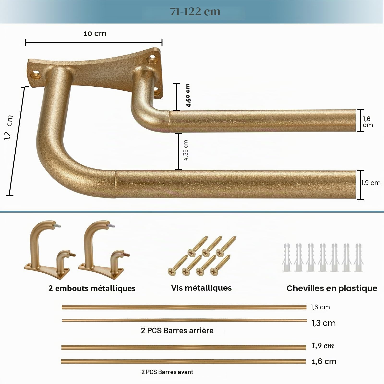 Tringles à rideaux doubles en or antique, enveloppantes pour fenêtres de 71-122 cm, occultantes, tringles à rideaux télescopiques doubles occultantes de 1,9 cm à l'avant et de 1,6 cm à l'arrière