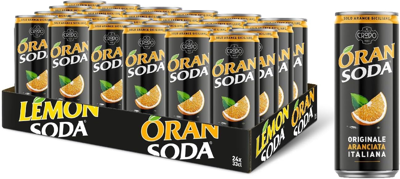 Italian Gourmet Aranciata Limonata Italiana Orangenlimonade 48 x 33cl Dosen | Bibita frizzante all'arancia, gusto dolce agrumato; sprudelnder Softdrink, Gesamtnettogewicht 15,84 L + Kostenlos Polpa 400g