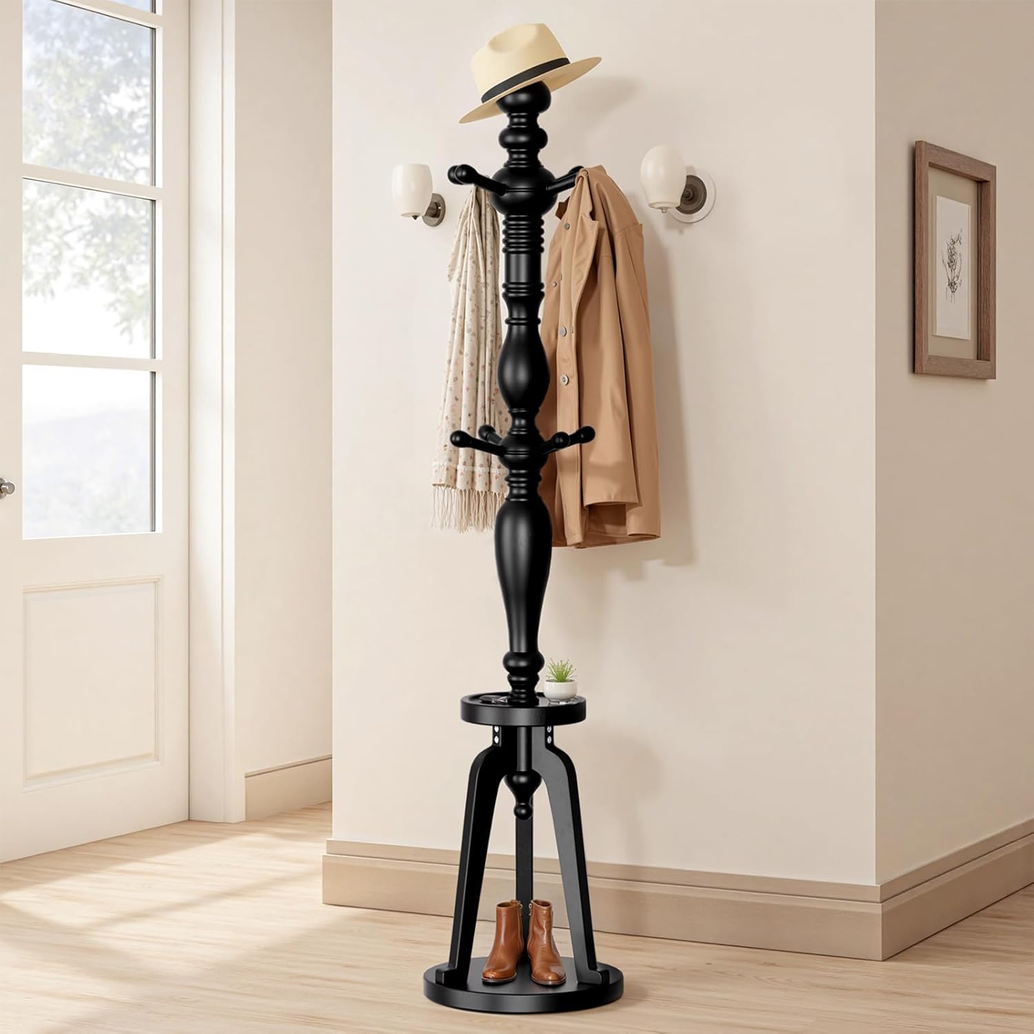 Coat Rack Freestanding with 8 Hooks & Storage Shelf, Wooden Hall Tree Coat Hanger Stand, Heavy Duty Entryway Organizer with 220 LB Load Capacity, Sturdy Wood Coat Tree for Entryway Hallway Office Home