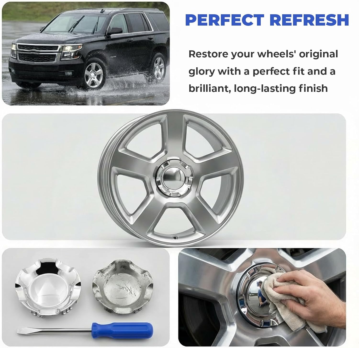 Wheel Center Cap Compatible with Chevy Silverado Avalanche Tahoe Suburban, 6 Lug Wheel Cap Cover for 20" 5-Spoke Rims 7-1/8'' Polished Hubcap Cover Replace 9595152 9596007 (1Pcs)