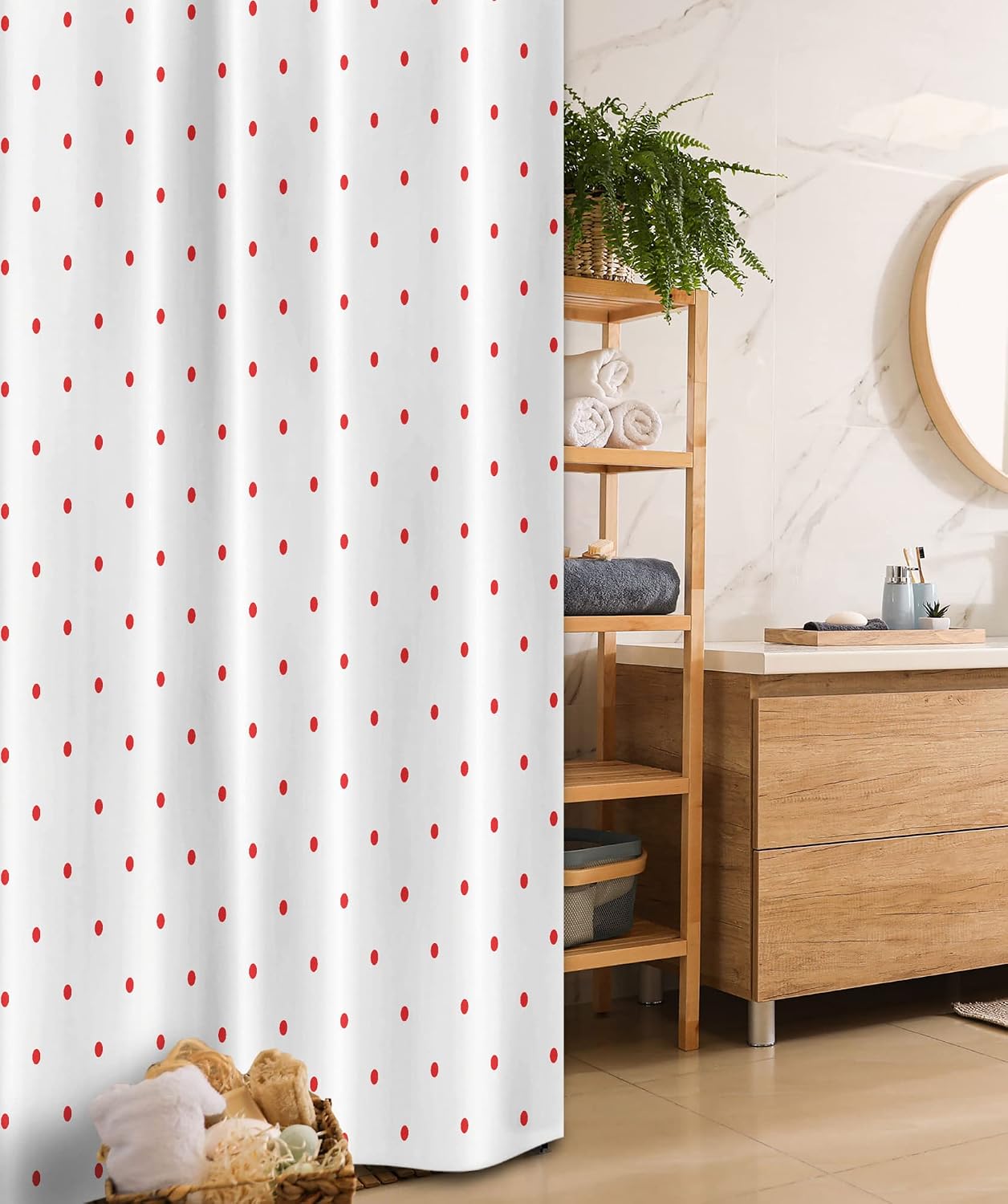 Lunarable Geometric Stall Shower Curtain, Red Polka Dots Pattern Small Circles Shapes Abstract Illustration Modern Art, Fabric Bathroom Decor Set with Hooks, 54" W x 78" L, Scarlet White